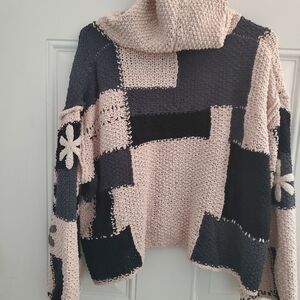 POL Patchwork Cowl Neck Sweater - Black and Cream